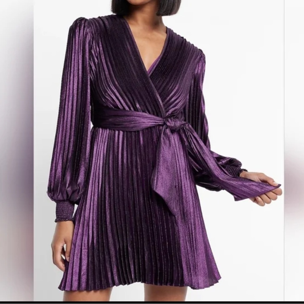 Express Purple Metallic Pleated V-Neck Long Sleeve Dress M